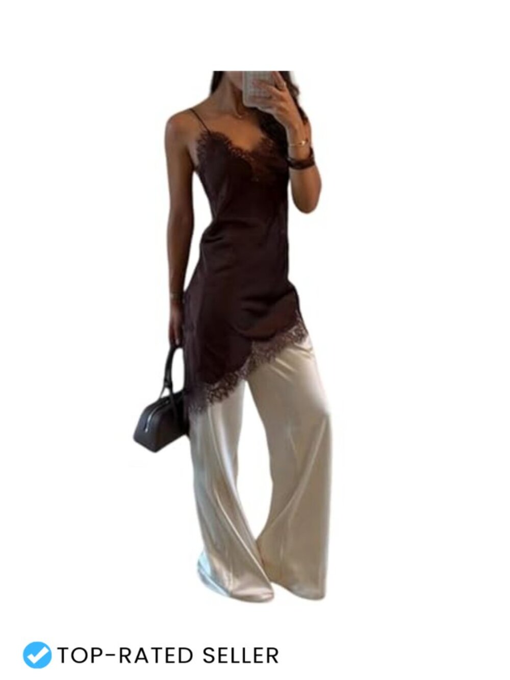 Y2K Satin Lace Trim Cami Top Irregular Hem Midi Silk Patchwork Party